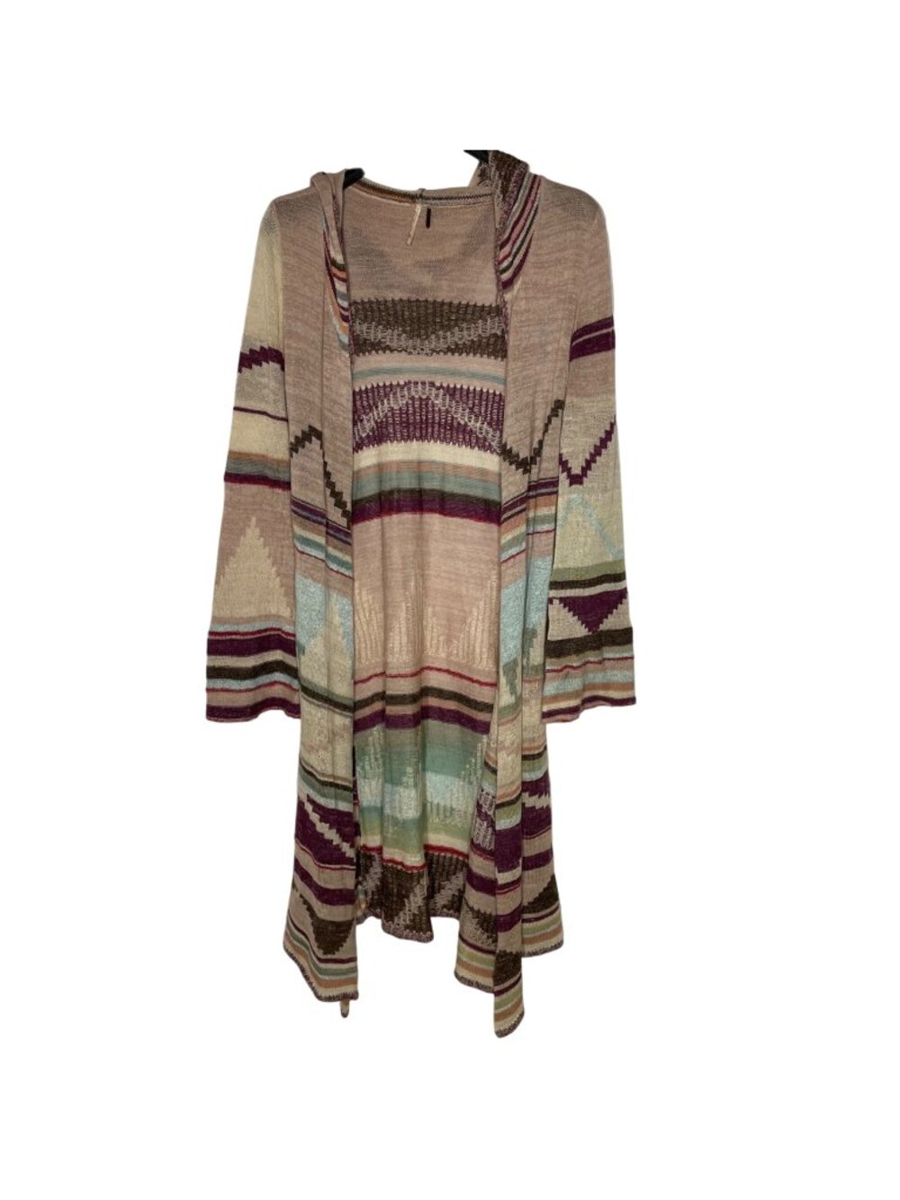 Free People Aztec Tribal Loose Knit Hooded Duster Cardigan Sweater MED Western